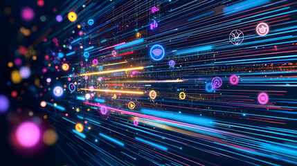 Abstract Futuristic Technology Background With Colorful Data Stream And Digital Symbols In Dark Background