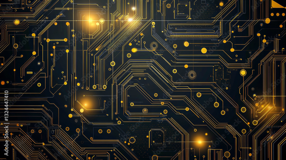 Poster futuristic circuit board with glowing golden lines on a dark background. a high-tech digital pattern