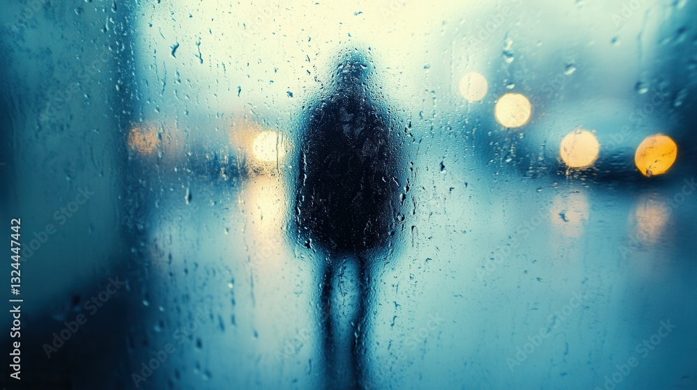 Poster melancholic reflections on a rainy day with a lonely figure behind a window
