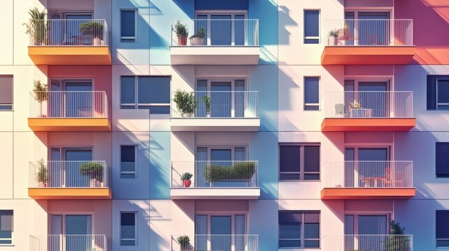 Modern apartment building with balconies and windows.