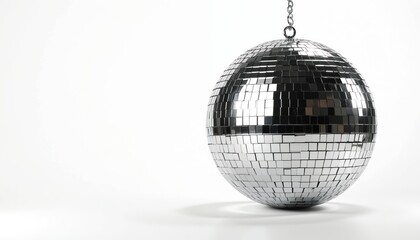 Obraz premium Silver disco ball on white background. Mirror sphere reflects light, creates festive mood. Party vibe, nightclub decoration. Entertainment event, dance floor decor. Shiny disco ball sphere hanging in