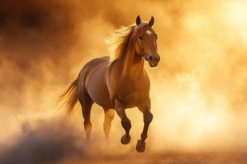 The morning fog swirls as an Arabian horse trots leisurely in his pasture
