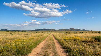 Naklejka premium Dirt Road Leading Through Field Under Blue Sky With White Clouds In Rural Landscape During Daylight