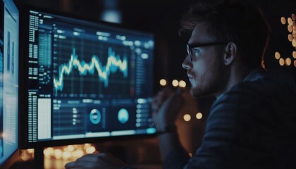 Fototapeta premium Investor Analyzing Stock Market Financial Reports And Kpis With Business Intelligence Analytics And Graphs On Computer Screen In Office.