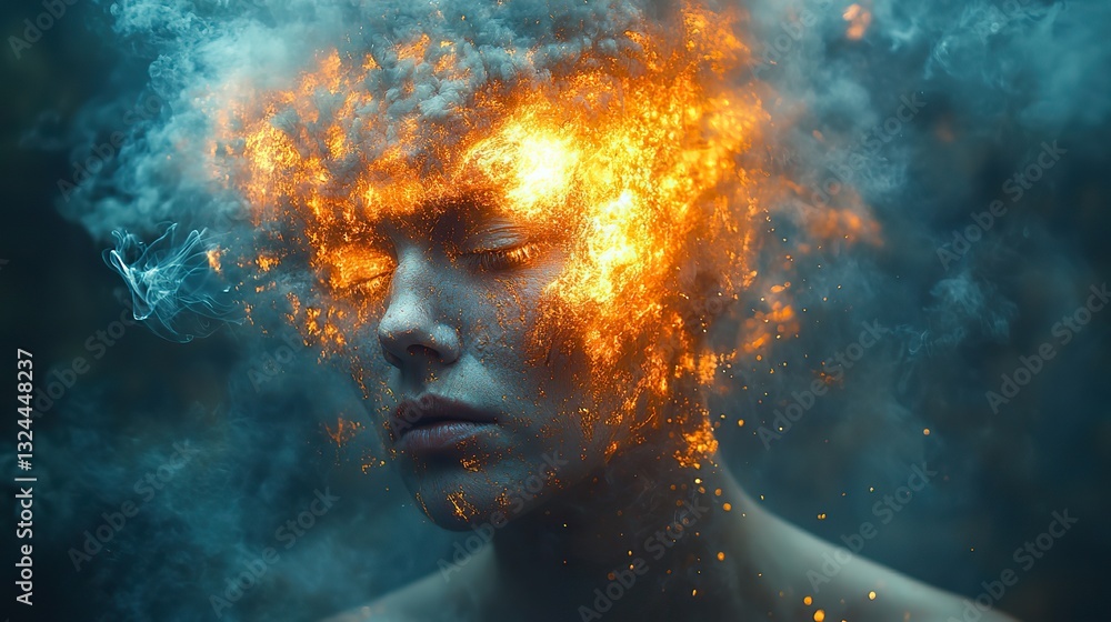 Wall mural a person's mental overload is shown with images and thoughts exploding from the head, symbolizing bu