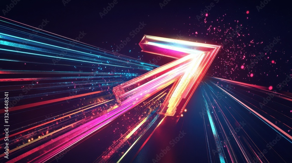 Poster a sleek arrow pointing up created by glowing beams in multiple vibrant colors giving a fast and ener