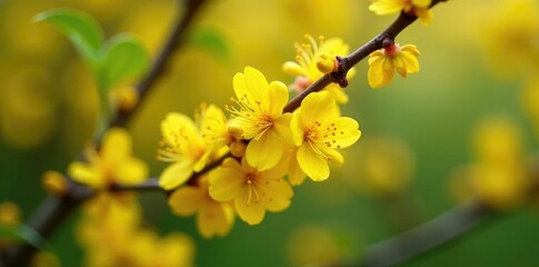 Delicate yellow flowers bloom on golden currant branches, golden currant, garden blooms
