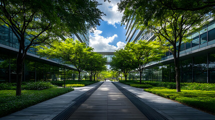 Green Trees Frame Pathway Leading To Buildings Under Blue Sky Bright Day Time With Natural Light