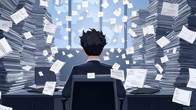 Person sitting at desk surrounded by scattered paperwork and files in a chaotic office environment