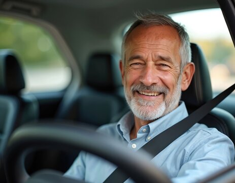 Cheerful elderly man drives car wearing seat belt. Smiling senior male enjoys auto journey, road trip. Mature grey haired driver shows confidence, secure passenger transportation. Focus on safety,