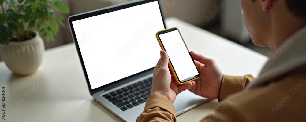Poster man holds smart phone with blank screen, sits near laptop. person works at table in home office, use