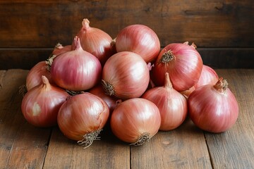 Bunch of fresh red onions arranged beautifully on a wooden surface in a rustic kitchen setting