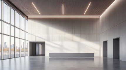 Fototapeta premium Minimalistic hall interior with empty gray wall, city view and daylight. Gallery and presentation concept. Mock up, 3D Rendering