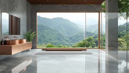 Fototapeta premium Luxurious Light Gray Bathroom With Marble Floor And Wall, Wooden Sink Counter And Copper Frame Mirror, Overlooking Nature View With Large Windows.