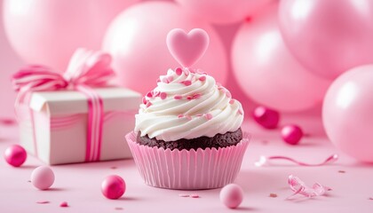 Pink Mother'S Day And Valentine'S Day Template Featuring Cupcake, Balloons, And Gift Box. Perfect For Celebrating Love And Appreciation.