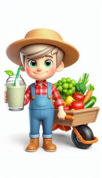 Wholesome farmboy with smoothie and veggies colorful garden animated character cheerful environment