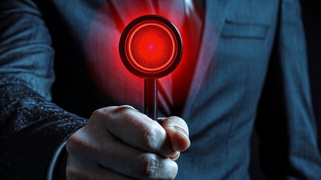 Hand Holding Red Laser Pointer in Dark Suit and Black Background for Professional Presentation and Business Focus