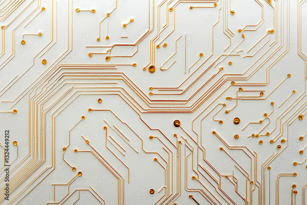 Poster an elegant circuit board pattern with gold lines on a white background, symbolizing high-tech innova
