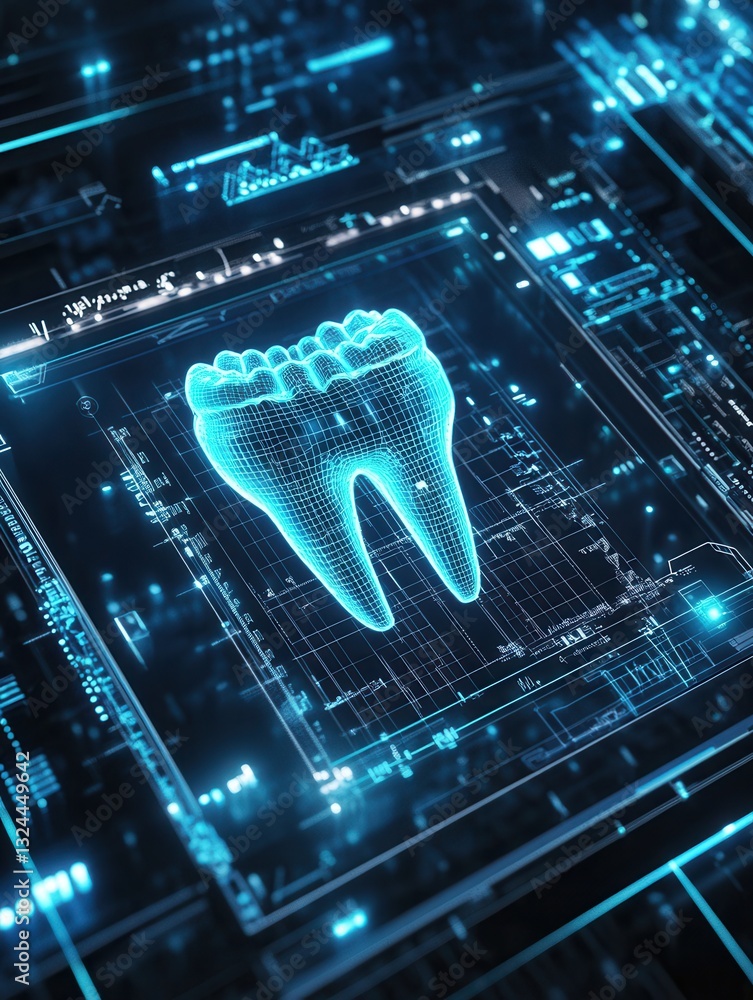 Leinwandbilder modern holographic interface showcasing a 3d rotating dental implant with digital blueprint and scan