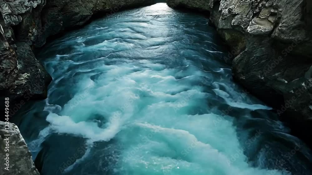 Poster swift river currents flow through rocky canyon under soft light at dusk creating a serene landscape