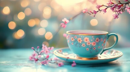 Fototapeta premium A pastel teacup with floral designs in lavender, yellow, and peach sits on a light blue saucer, radiating elegance and tranquility for a serene tea party setting