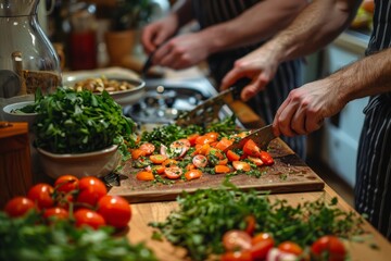 A young couple preparing dinner together, chopping vegetables and enjoying the process