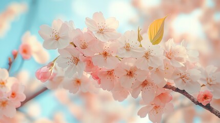 Obraz premium A delicate cherry blossom tree blooms with soft pink petals and mint green leaves under a serene blue sky, embodying the tranquility of spring