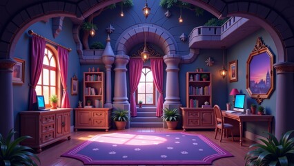 Obraz premium Vibrant interior of fantasy castle children's room, featuring elegant furniture, plants, and soft lighting. Concept emphasizes creativity and enchanting atmosphere in children's space