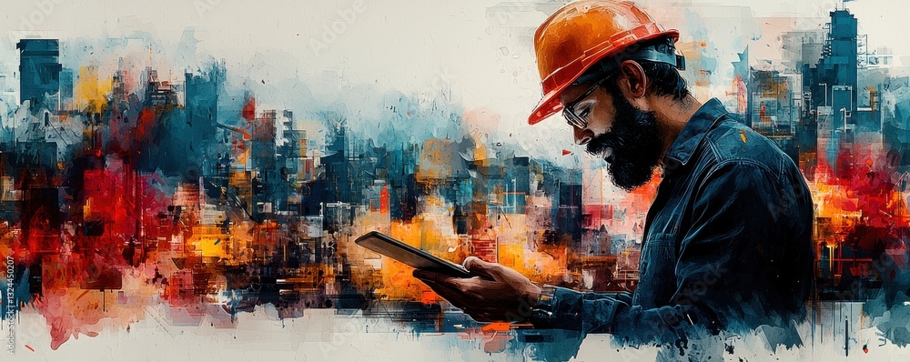 Poster engineer working on a tablet amid a dynamic urban abstract background