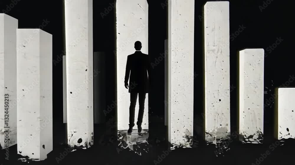 Poster silhouette of a businessperson standing before abstract graph in black and white setting for financi