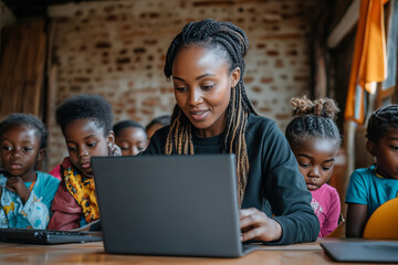 a teacher helping a group of students with their laptops.