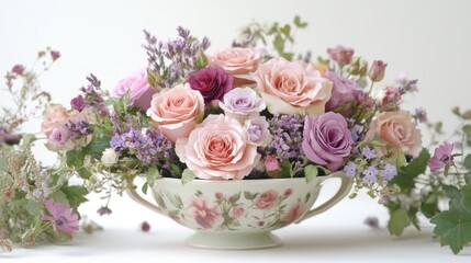 A whimsical pastel-colored teacup overflows with blooming roses in shades of pink and lavender, surrounded by lush mint green foliage for a charming floral delight