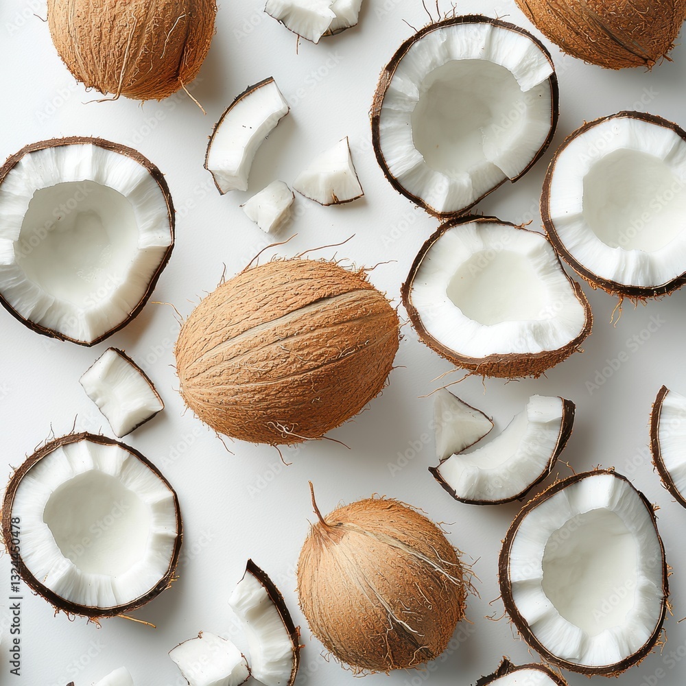 Poster close-up of fresh coconuts and coconut shells arranged on a white background showcasing the natural 