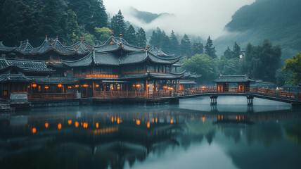 Fototapeta premium traditional Chinese hotel hidden deep in the mountains, serene lake mirroring its ornate rooftops, mist weaving through ancient pines, a wooden bridge with glowing lanterns arching over the water