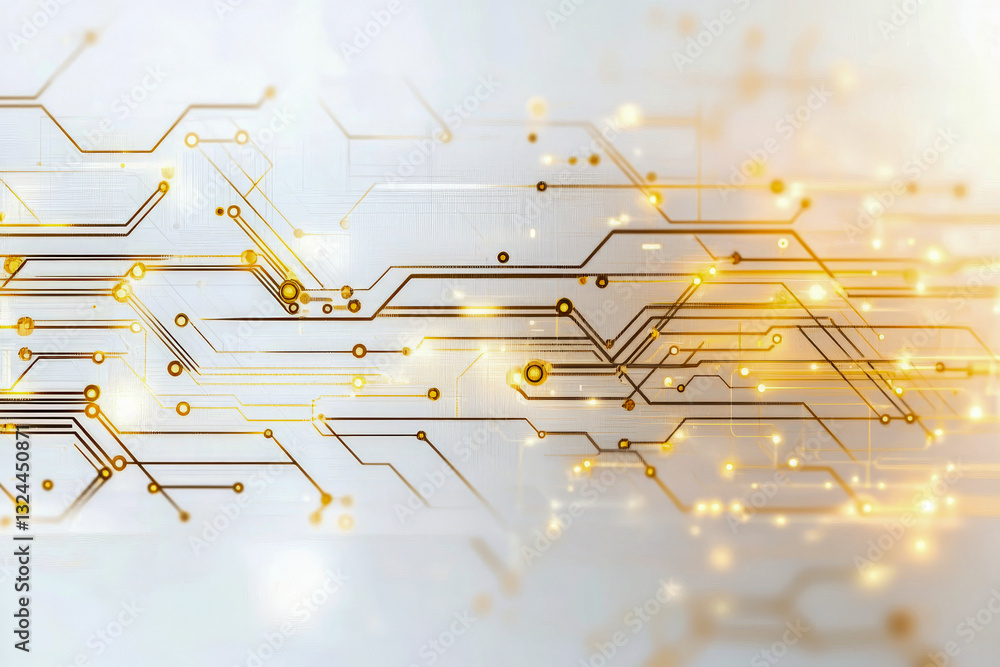 Poster abstract futuristic circuit board with glowing gold lines on a white marble surface. a high-tech con