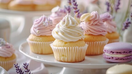 A charming bakery displays pastel cupcakes, lavender macarons, and peach cakes, creating a warm and sugary delight for dessert lovers