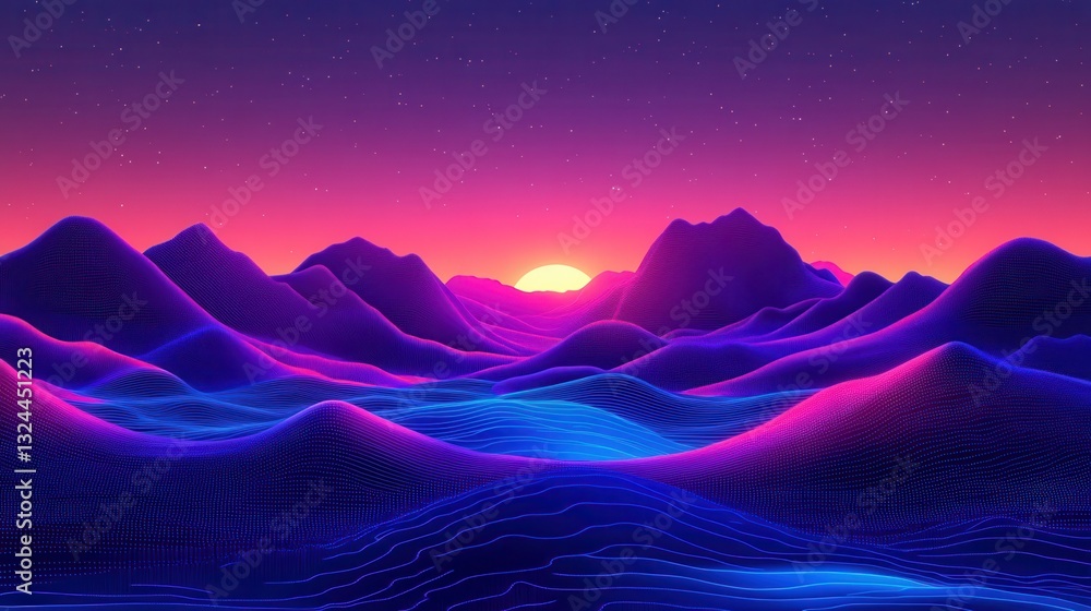 Poster abstract digital landscape with pixelated elements, symbolizing virtual reality and digital transfor
