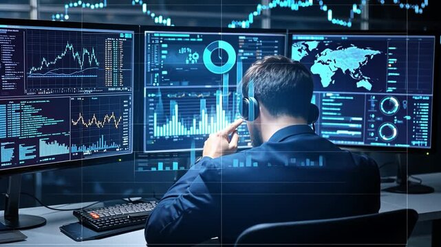 Person Analyzing Data on Multiple Monitors with Financial Charts and Graphs in a Modern Office Environment