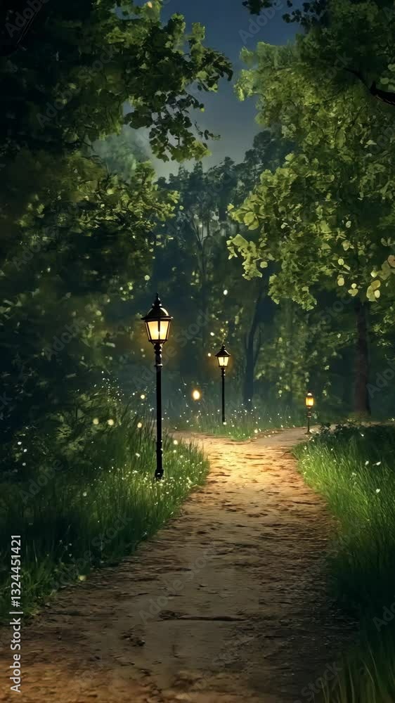 Poster pathway illuminated by lamp posts in a serene forest at dusk