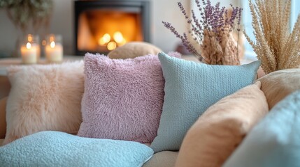 A cozy pastel living room with plush cushions in lavender, peach, and light blue, warmed by a crackling fireplace, creating an inviting and peaceful atmosphere