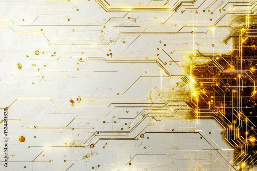 Poster futuristic circuit board with glowing gold lines on a white background, symbolizing ai, data flow, a