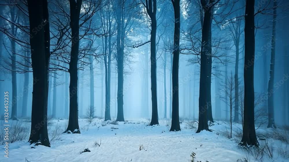 Poster serene winter forest scene with tall trees in soft blue mist and fresh snow coverage