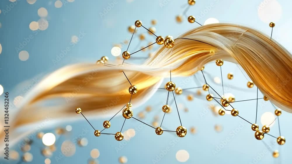 Poster abstract golden wave structure with connected nodes and shimmering particles on a blurred blue backg