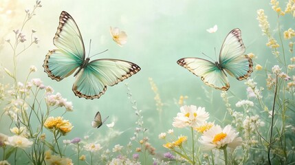 A pastel butterfly garden features fluttering butterflies in mint green, lavender, and soft yellow, surrounded by blooming flowers in a serene landscape