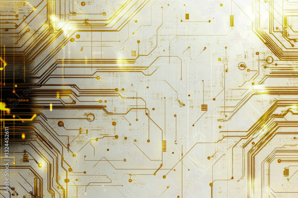 Poster futuristic circuit board with glowing gold lines on a white background, symbolizing ai, data flow, a