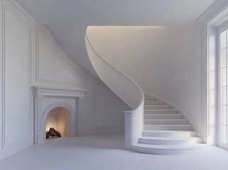 Fototapeta premium Minimalist Interior with Spiral Staircase and Fireplace