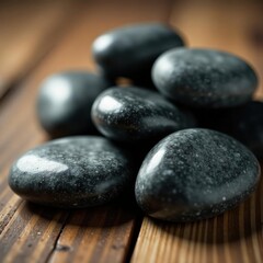 Close-up of heated basalt stones on wooden surface, smooth stones, hot stone massage, brown