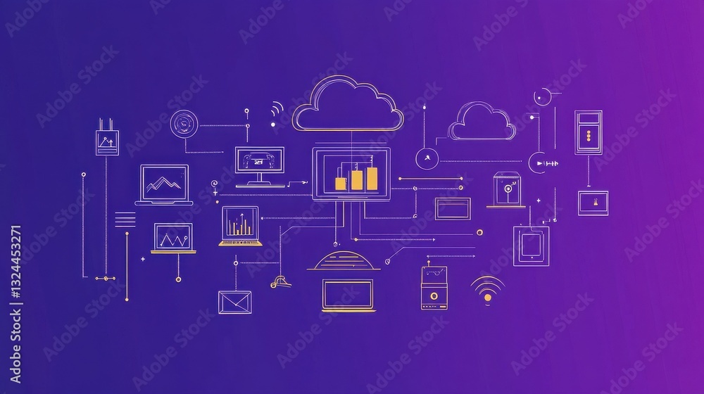 Poster wireles networks and devices. cloud network connection. vector outlined illustration in material des