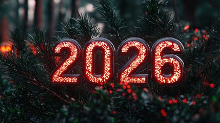 Year '2026' in sparkling red font amid green pine boughs. Festive, bold
