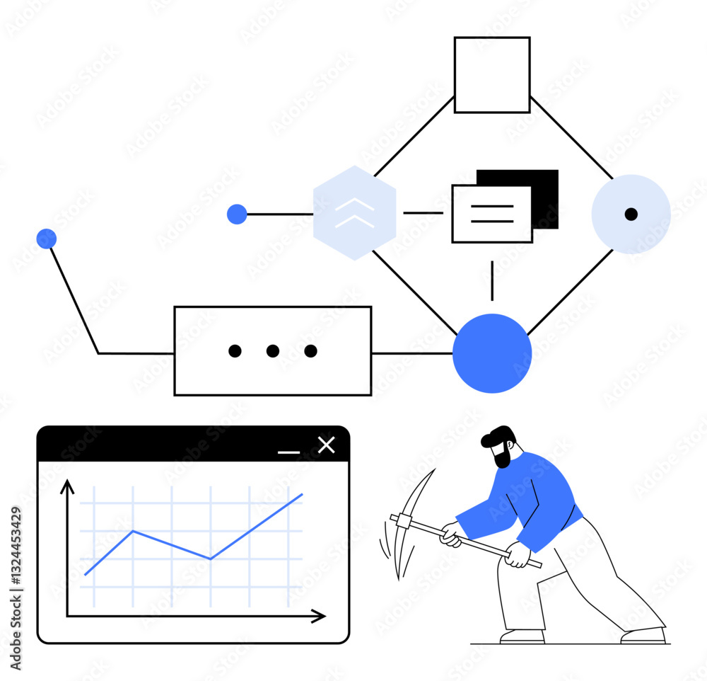 Poster flowchart of data extraction with lines, nodes, and shapes connected. worker using pickaxe beside gr
